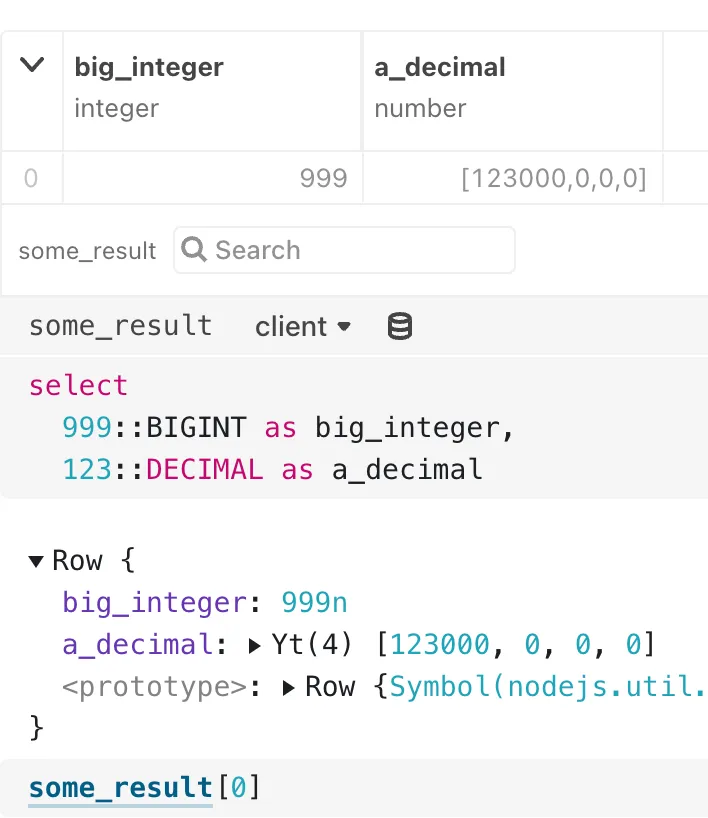 Output of query with BigInt and Decimal